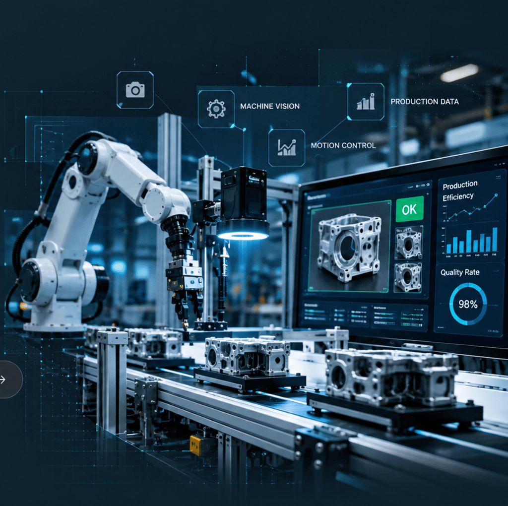 Industrial automation system with machine vision, robotics and production monitoring